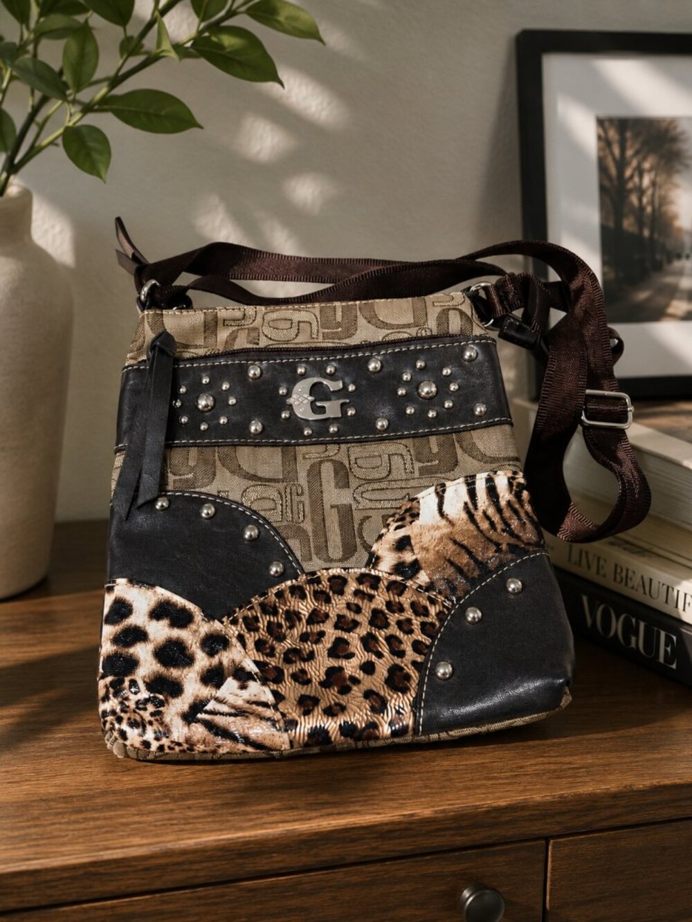 G Patterned Brown Crossbody Bag with Stud and Animal-Print Accents
